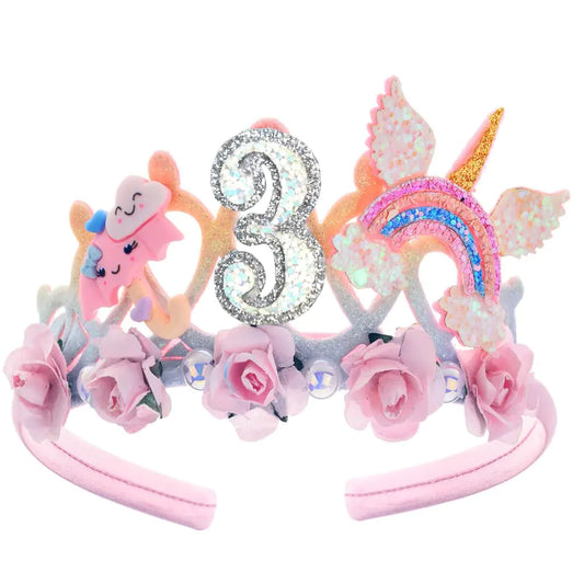 3th Birthday Crown for Girls 3th Birthday Headband for Girls 3th Birthday Tiara for Girls 3th Birthday Decoration for Girls 3th Birthday Crown with Rainbow Wing for Girls 3 Year Old Disposable